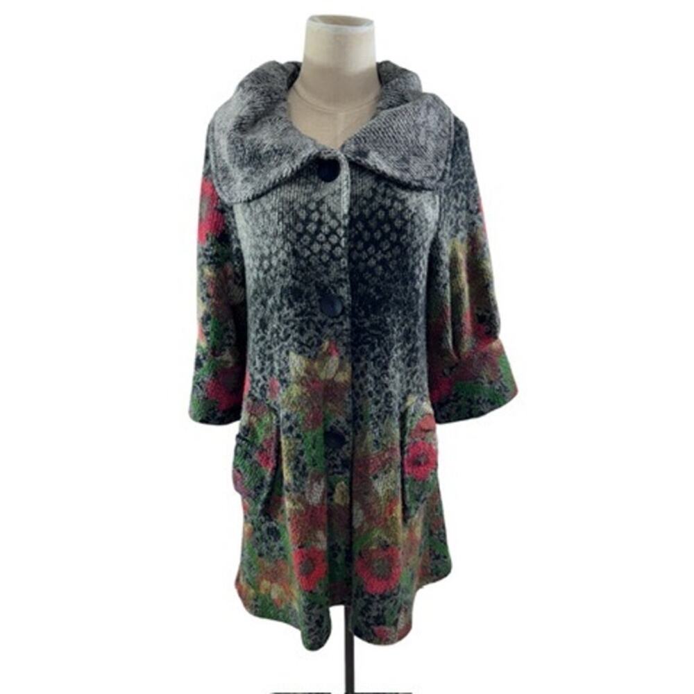 "DAMIE INC." Long Sweater Jacket,Knit ,Multicolor, 3/4 Sleeve, Flare, Sz S,Artsy